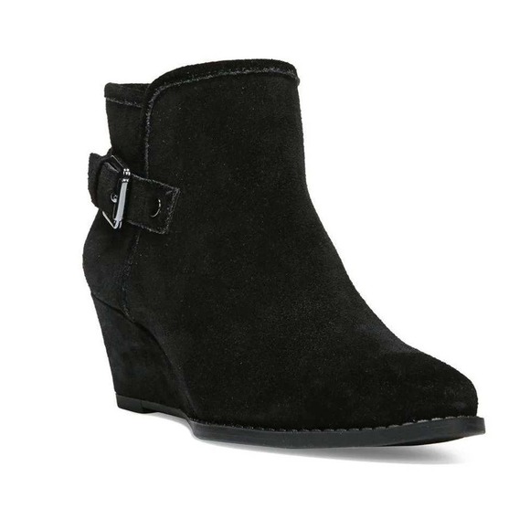 Franco Sarto Black Suede Wedge Heel Ankle Booties Buckle Detail Women's Size 6M - Picture 1 of 9